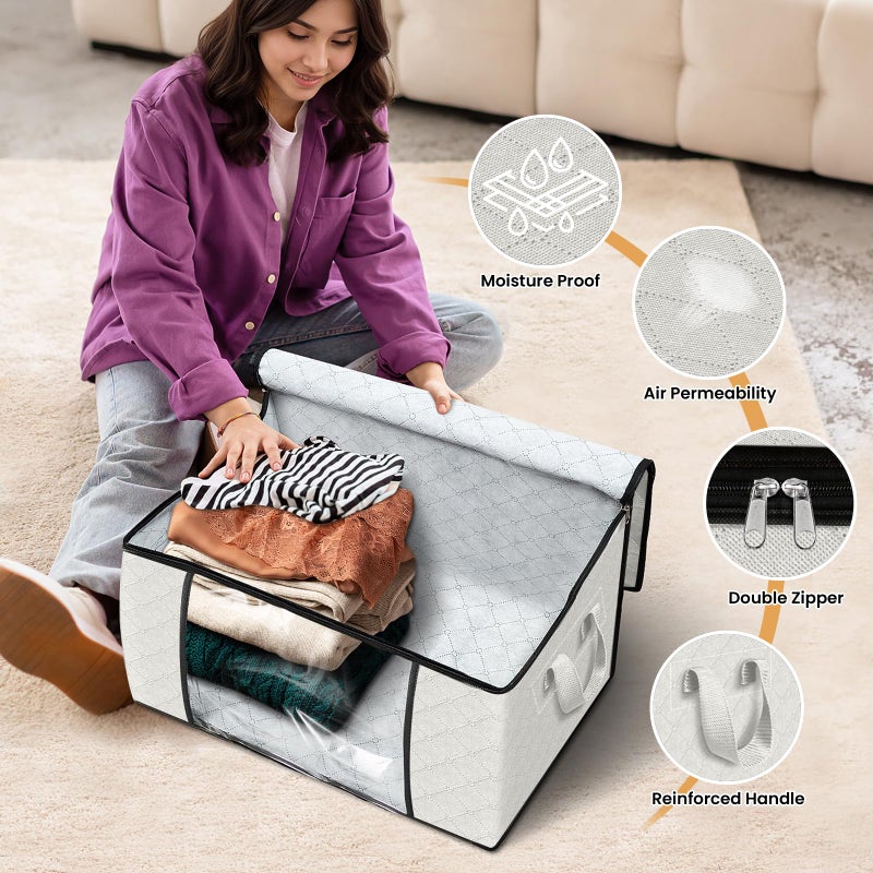 Fab totes 6 Pack Clothes Storage, Foldable Thick Fabric Blanket Storage Bags, Containers for Organizing Bedroom, Closet, Clothing, Comforter, Organization with Handle,Ivory White - Image 4