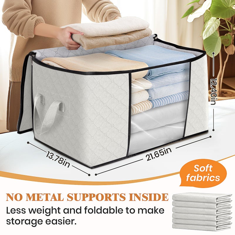 Fab totes 6 Pack Clothes Storage, Foldable Thick Fabric Blanket Storage Bags, Containers for Organizing Bedroom, Closet, Clothing, Comforter, Organization with Handle,Ivory White - Image 2