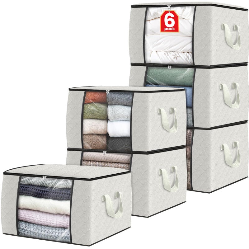 Fab totes 6 Pack Clothes Storage, Foldable Thick Fabric Blanket Storage Bags, Containers for Organizing Bedroom, Closet, Clothing, Comforter, Organization with Handle,Ivory White - Image 1