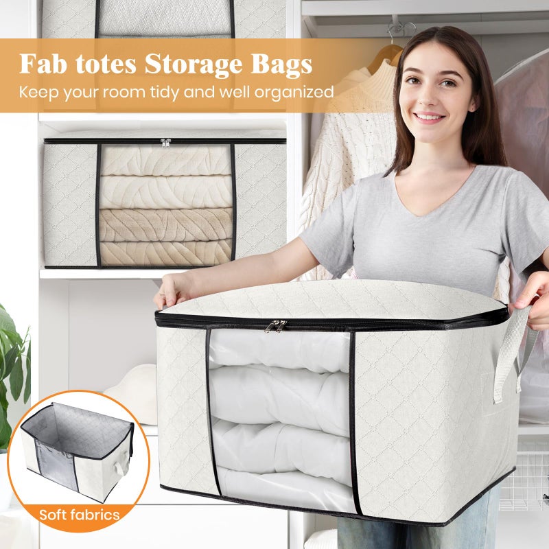 Fab totes 6 Pack Clothes Storage, Foldable Thick Fabric Blanket Storage Bags, Containers for Organizing Bedroom, Closet, Clothing, Comforter, Organization with Handle,Ivory White - Image 5