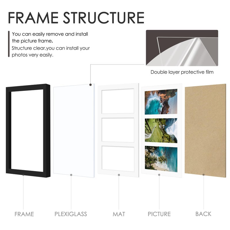 DUENPY 8x14 Collage Picture Frame, 4x6 Collage Picture Frame Displays Three 4x6 inch Photos, or 8x14 (Without Mat) for Available Horizontal Wall Mounting Display and Vertical, Black. - Image 3