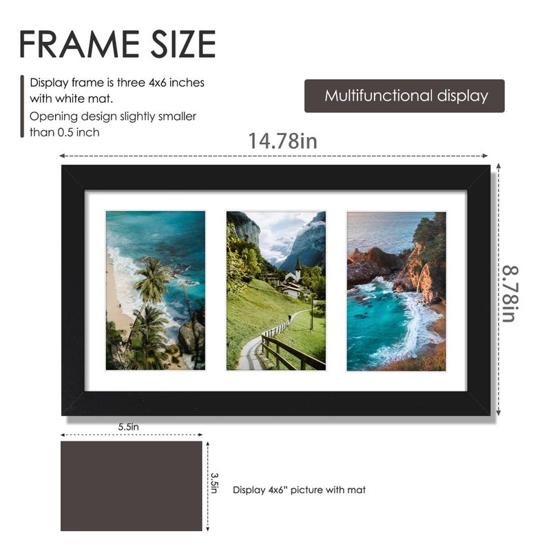 DUENPY 8x14 Collage Picture Frame, 4x6 Collage Picture Frame Displays Three 4x6 inch Photos, or 8x14 (Without Mat) for Available Horizontal Wall Mounting Display and Vertical, Black. - Image 2