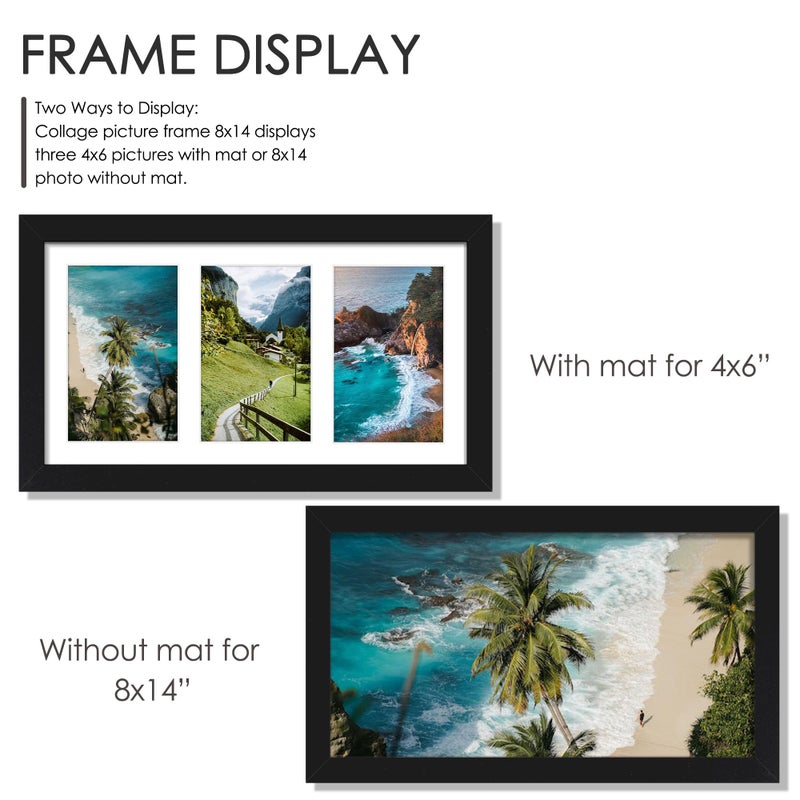 DUENPY 8x14 Collage Picture Frame, 4x6 Collage Picture Frame Displays Three 4x6 inch Photos, or 8x14 (Without Mat) for Available Horizontal Wall Mounting Display and Vertical, Black. - Image 4