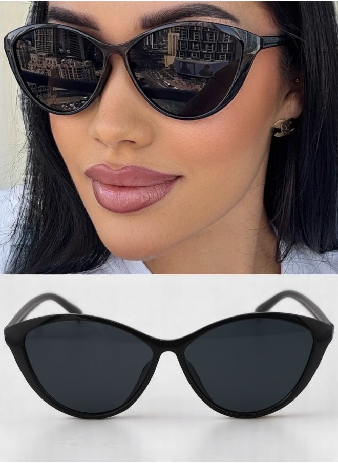 Zence Design - Retro Cat Eye Oval Sunglasses for Women, UV400 Protection, Trendy Black Frame & Lenses - Image 1