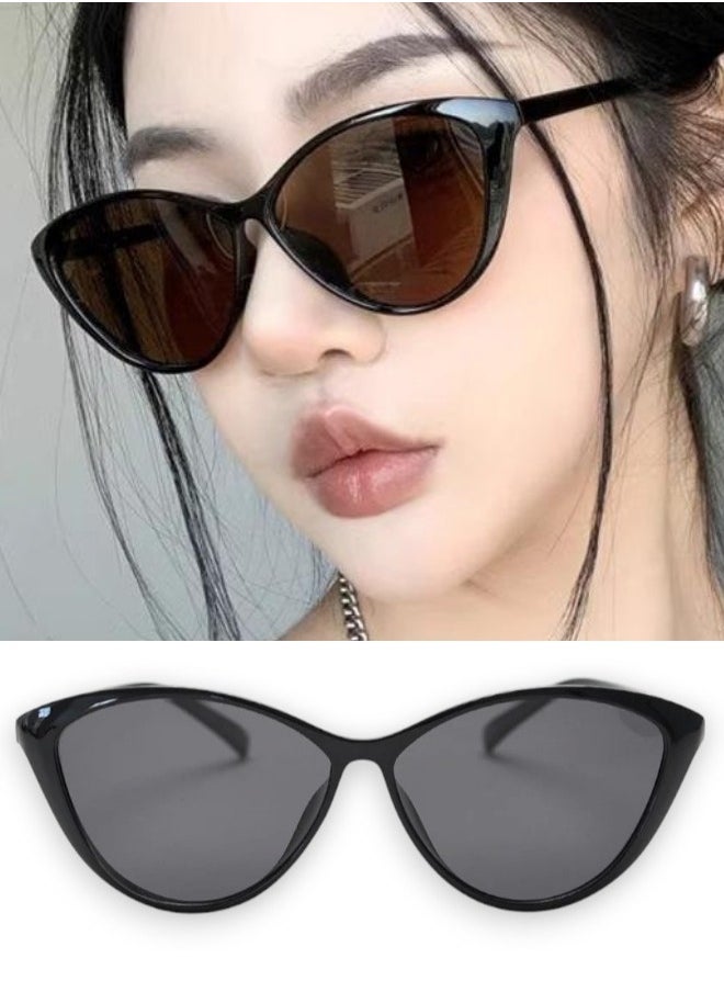 Zence Design Retro Cat Eye Oval Sunglasses for Women, UV400 Protection, Trendy Black Frame & Lenses  - Image 1