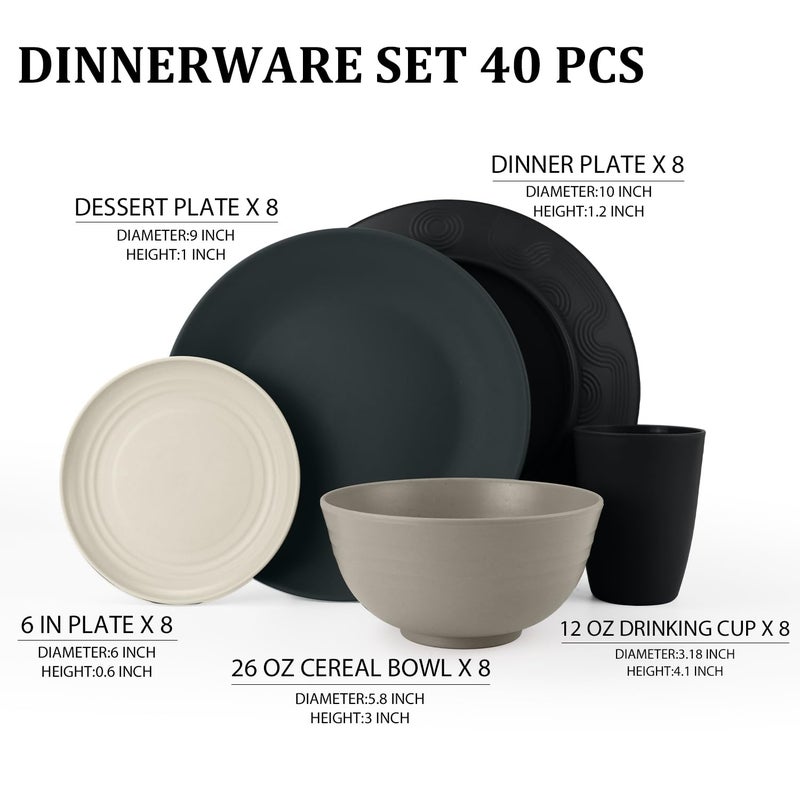 Perlapoc 40 PCS Wheat Straw Dinnerware Set | Service for 8 Plastic Dishes Set Unbreakable Plates and Bowls Sets, Drinking Glasses, Dishwasher and Microwave Safe Dish Set for KItchen - Gray Stone - Image 2