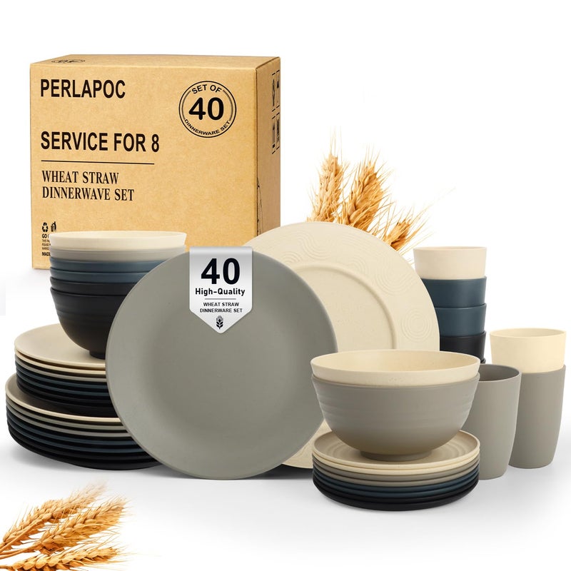 Perlapoc 40 PCS Wheat Straw Dinnerware Set | Service for 8 Plastic Dishes Set Unbreakable Plates and Bowls Sets, Drinking Glasses, Dishwasher and Microwave Safe Dish Set for KItchen - Gray Stone - Image 1