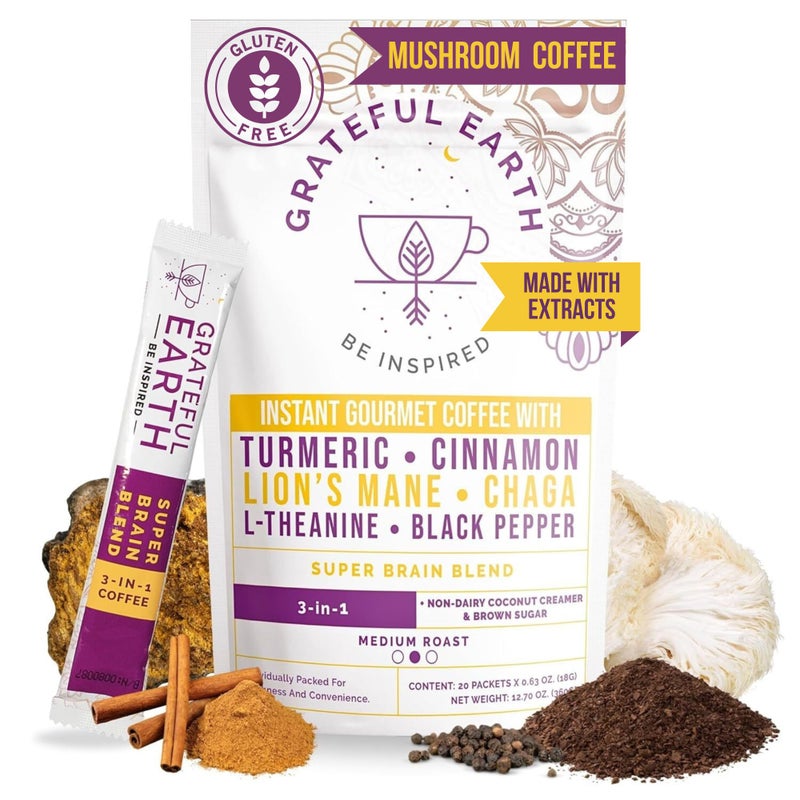 Grateful Earth Mushroom Coffee, Coconut Instant Coffee with Lion’s Mane Mushrooms, Chaga, Turmeric, L-Theanine, Cinnamon, Super Brain Blend For Energy & Immune Support, Dairy & Gluten Free, 20 Packets - Image 1