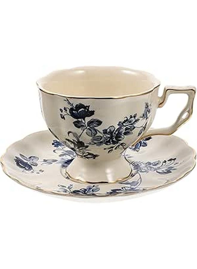 Vintage Blue Floral Ceramic Coffee Mug And Saucer Set Large Mouth European Style - Image 1