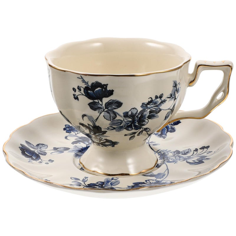 Vintage Blue Floral Ceramic Coffee Mug And Saucer Set Large Mouth European Style - Image 2