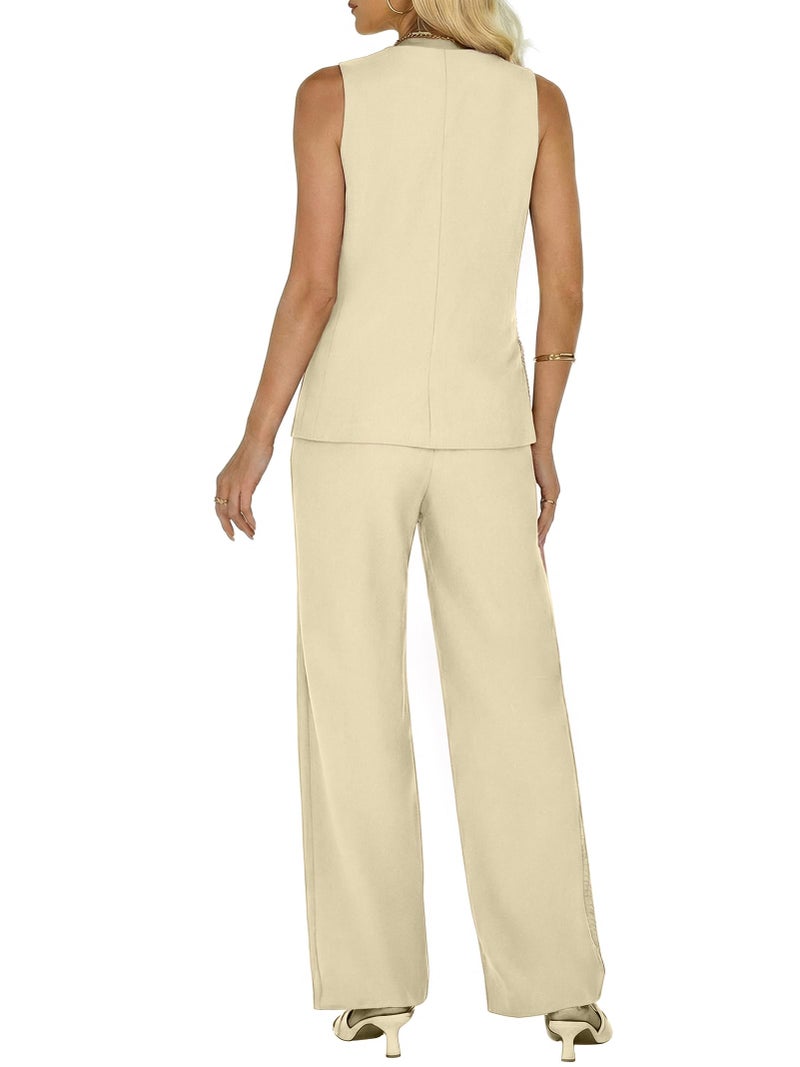 Funlingo 2 Piece Outfits for Women Dressy 2 Piece Sets Sleeveless Blazer Vest Wide Leg Matching Pants Suit Spring Office Work Outfits Beige L - Image 2