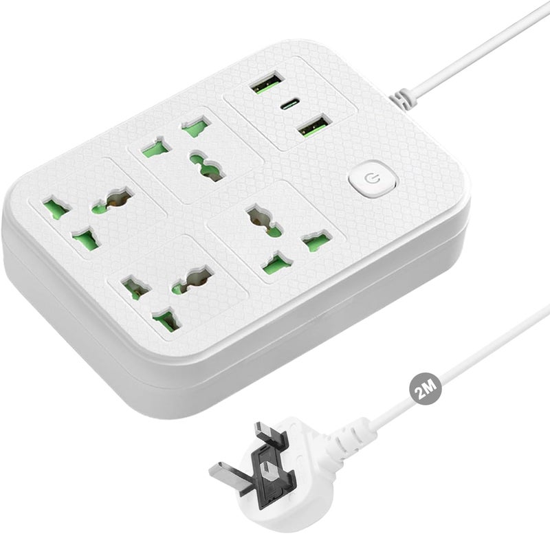 نكومي مقبس تمديد سلك طاقة عالمي، محول حائط نيكومي مع منفذي USB (2.1 أمبير)، ومنفذ Type-C واحد، و4 مجموعات من مقابس الطاقة الذكية، واقي من زيادة التيار بقابس بريطاني للمكتب المنزلي (2 متر/أبيض) - Image 1