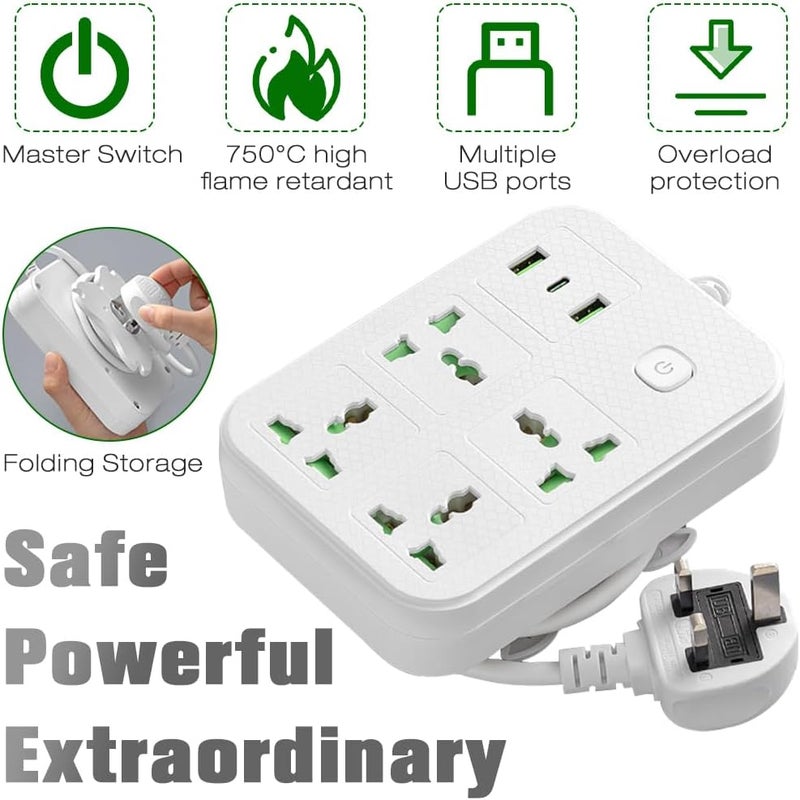 نكومي مقبس تمديد سلك طاقة عالمي، محول حائط نيكومي مع منفذي USB (2.1 أمبير)، ومنفذ Type-C واحد، و4 مجموعات من مقابس الطاقة الذكية، واقي من زيادة التيار بقابس بريطاني للمكتب المنزلي (2 متر/أبيض) - Image 3