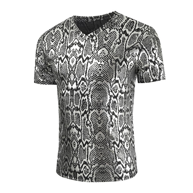 2025 Summer New Wish Nightclub Style Python Pattern Fashion Slim Short-Sleeved V Neck Glossy Men'S T-Shirt - Image 2