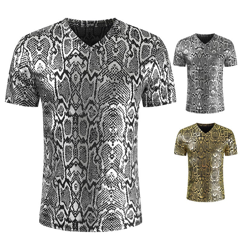 2025 Summer New Wish Nightclub Style Python Pattern Fashion Slim Short-Sleeved V Neck Glossy Men'S T-Shirt - Image 4