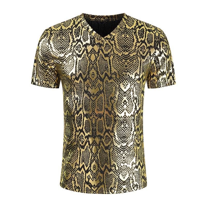 2025 Summer New Wish Nightclub Style Python Pattern Fashion Slim Short-Sleeved V Neck Glossy Men'S T-Shirt - Image 5