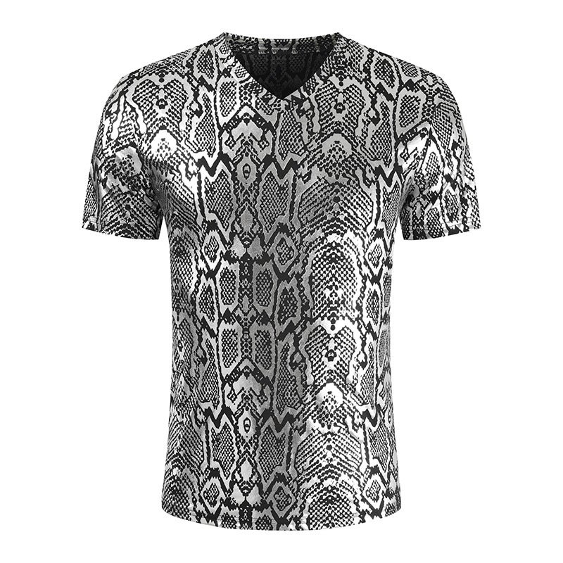2025 Summer New Wish Nightclub Style Python Pattern Fashion Slim Short-Sleeved V Neck Glossy Men'S T-Shirt - Image 1
