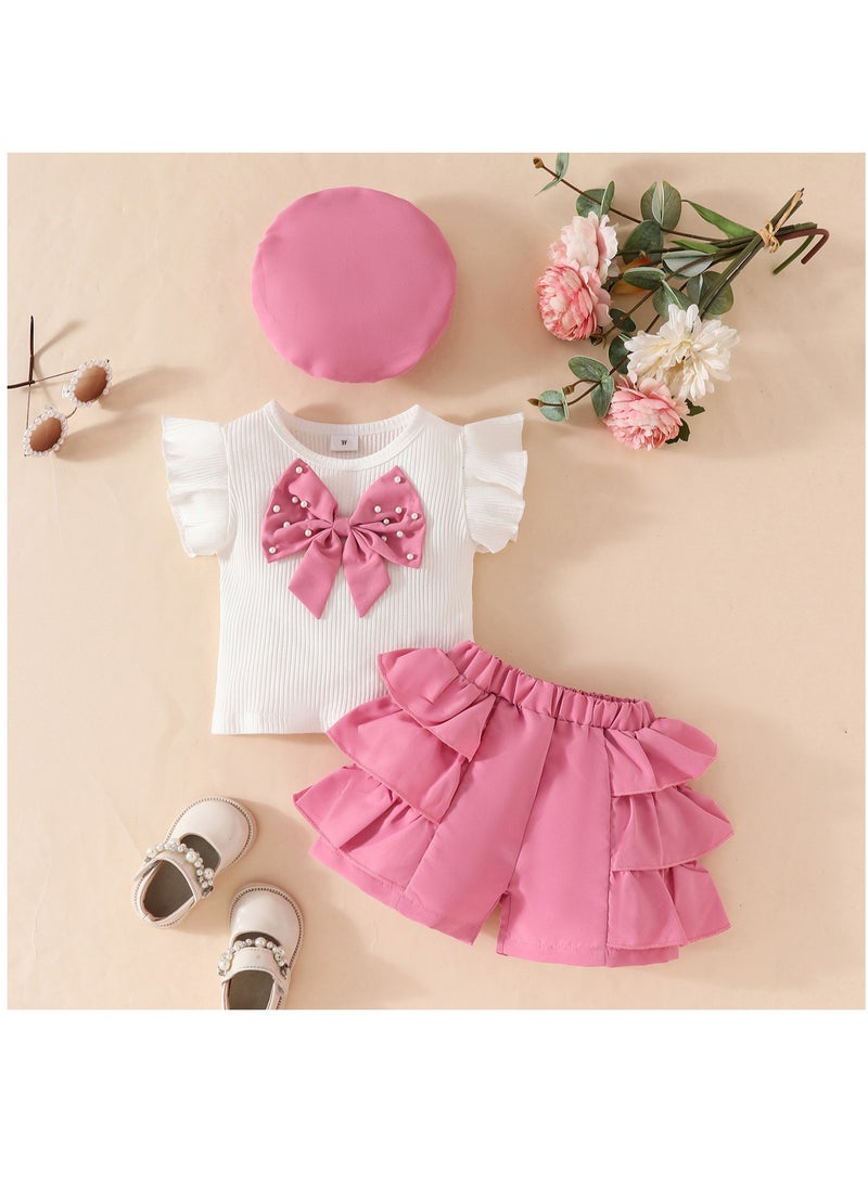 Toddler Girl Pearl Bow Ruffle Top, Layered Shorts and Beret Set, Elegant Outfit for 3Y, Party Look, Birthday Gift, Photoshoot Wear  - Image 2