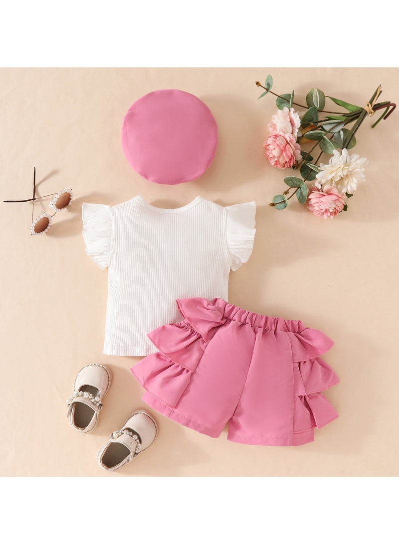 Toddler Girl Pearl Bow Ruffle Top, Layered Shorts and Beret Set, Elegant Outfit for 3Y, Party Look, Birthday Gift, Photoshoot Wear  - Image 3