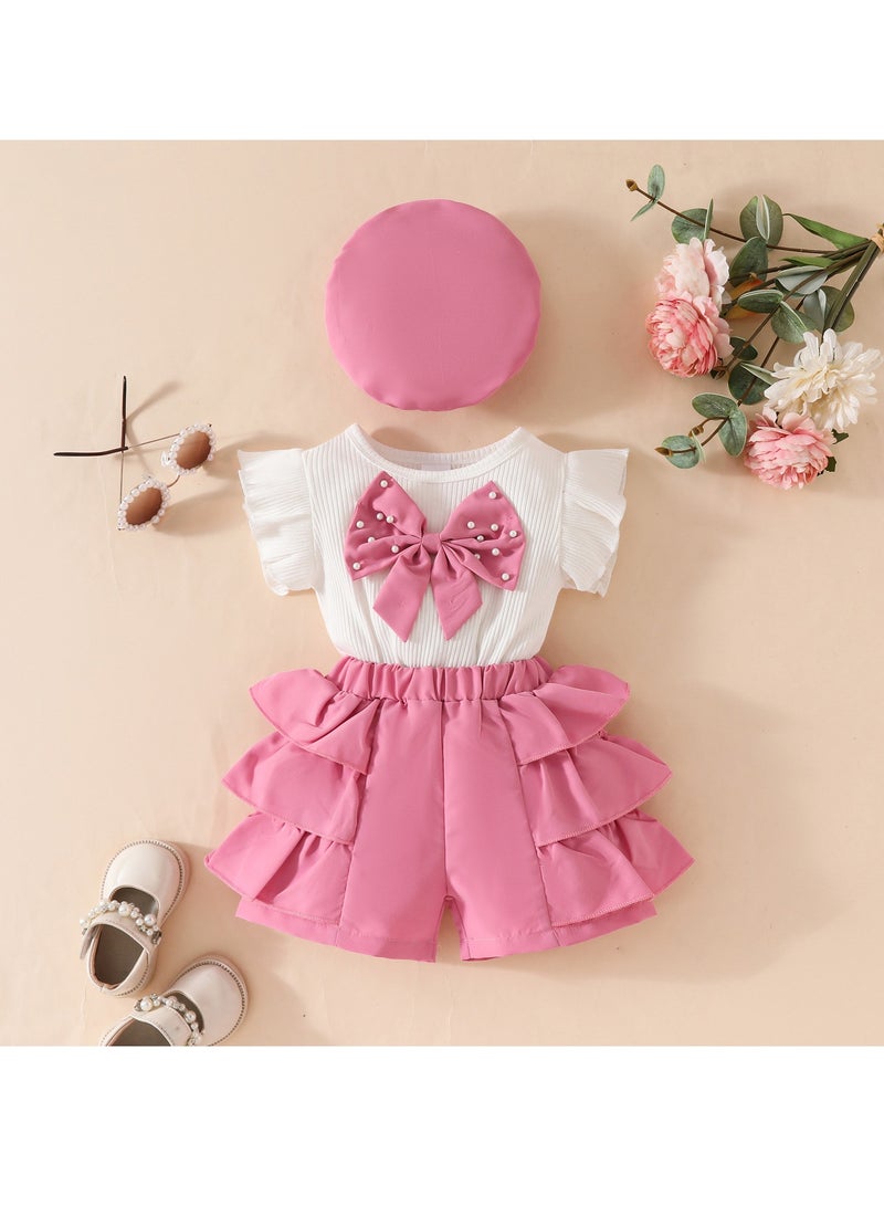 Toddler Girl Pearl Bow Ruffle Top, Layered Shorts and Beret Set, Elegant Outfit for 3Y, Party Look, Birthday Gift, Photoshoot Wear  - Image 1