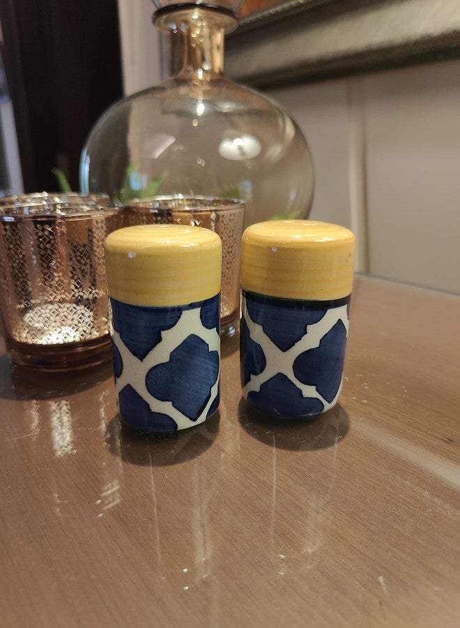 Bumbleberry Pure Ceramic Hand-Painted Morrocan Design Salt and Pepper Dispenser Set | Blue & Yellow | Glossy Finish | Premium Quality | Set of 2 (1 Salt & 1 Pepper Dispenser) - Image 4