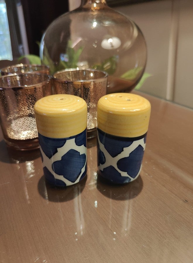 Bumbleberry Pure Ceramic Hand-Painted Morrocan Design Salt and Pepper Dispenser Set | Blue & Yellow | Glossy Finish | Premium Quality | Set of 2 (1 Salt & 1 Pepper Dispenser) - Image 1