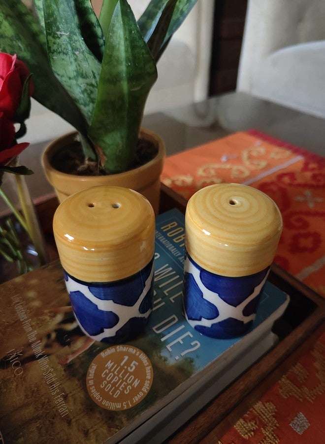 Bumbleberry Pure Ceramic Hand-Painted Morrocan Design Salt and Pepper Dispenser Set | Blue & Yellow | Glossy Finish | Premium Quality | Set of 2 (1 Salt & 1 Pepper Dispenser) - Image 2