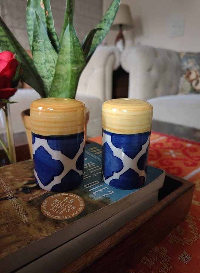 Bumbleberry Pure Ceramic Hand-Painted Morrocan Design Salt and Pepper Dispenser Set | Blue & Yellow | Glossy Finish | Premium Quality | Set of 2 (1 Salt & 1 Pepper Dispenser) - Image 3