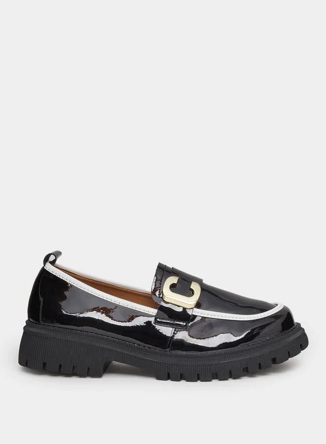 Styli Black Patent Leather Loafers with Metal Accent