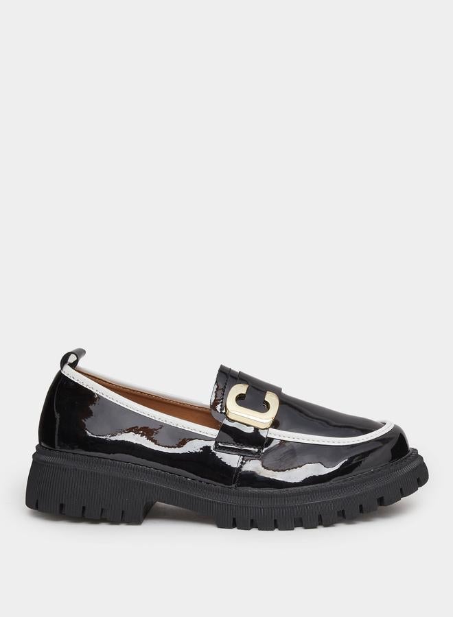 Styli Black Patent Leather Loafers with Metal Accent - Image 1