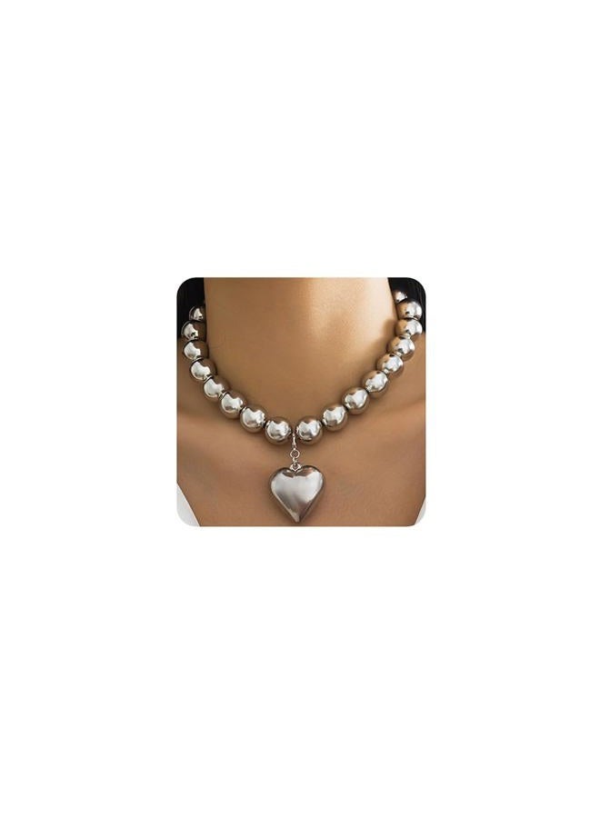 Jumwrit Dainty Big Beaded Choker Necklace Boho Chunky Bib Chain Love Heart Pendant Necklace Punk Statement Necklace Accessories for Women Girls (Silver) - Image 1