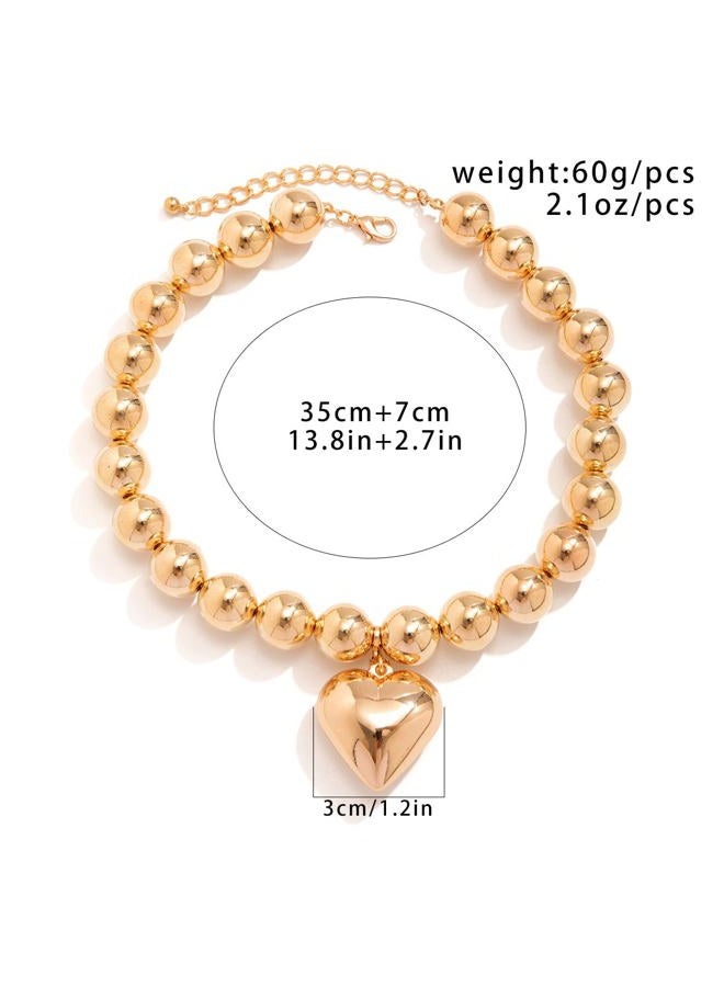 Jumwrit Dainty Big Beaded Choker Necklace Boho Chunky Bib Chain Love Heart Pendant Necklace Punk Statement Necklace Accessories for Women Girls (Silver) - Image 5