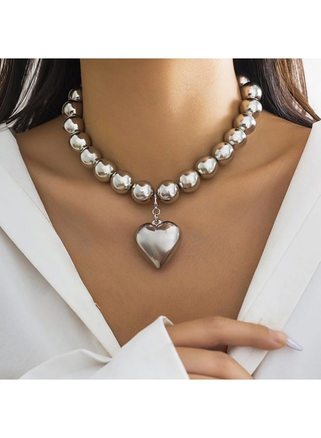 Jumwrit Dainty Big Beaded Choker Necklace Boho Chunky Bib Chain Love Heart Pendant Necklace Punk Statement Necklace Accessories for Women Girls (Silver) - Image 2
