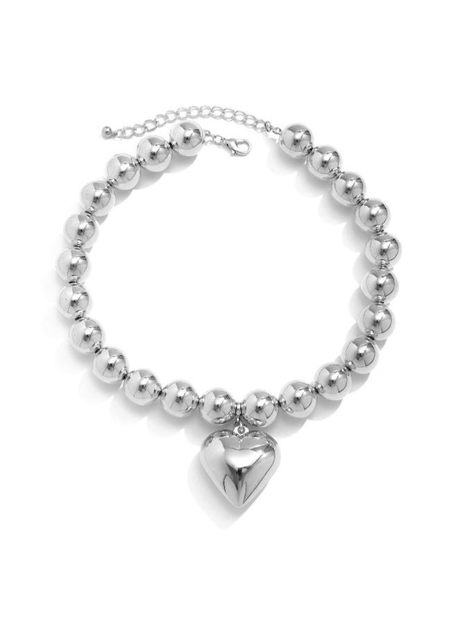 Jumwrit Dainty Big Beaded Choker Necklace Boho Chunky Bib Chain Love Heart Pendant Necklace Punk Statement Necklace Accessories for Women Girls (Silver) - Image 3