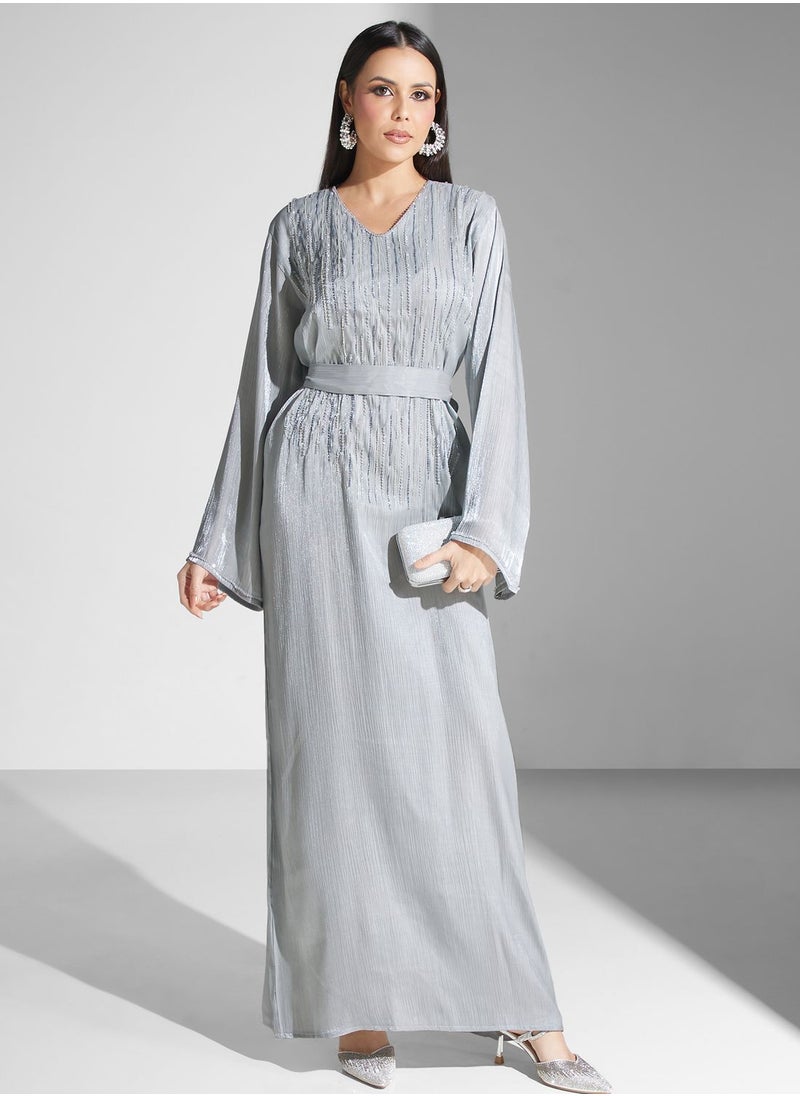 hayas closet - Embellished V-Neck Belted Jalabiya - Image 1