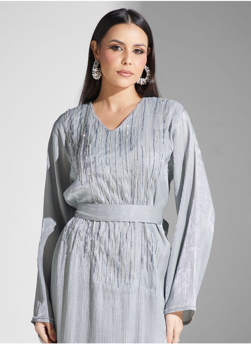 hayas closet - Embellished V-Neck Belted Jalabiya - Image 1