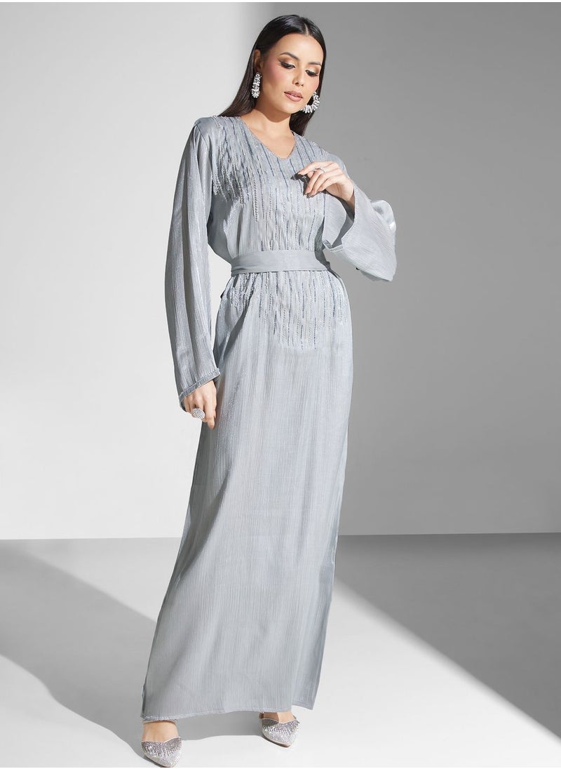 hayas closet - Embellished V-Neck Belted Jalabiya - Image 1
