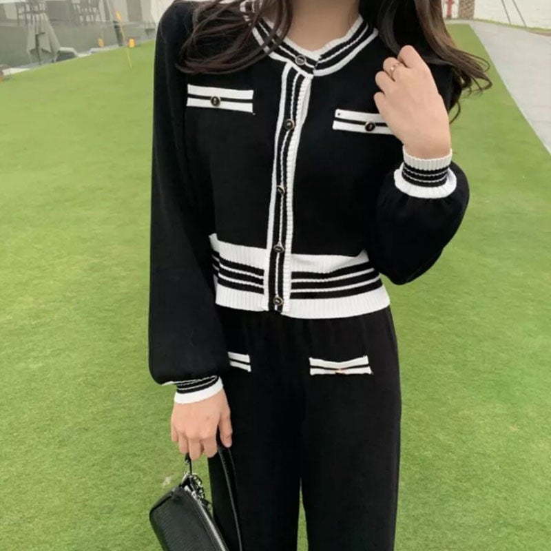 Elegant Autumn Womens Fashion Dress Set Sweet Salted 2-Piece Suit Socialite Stylish Tweed Style For Social Events Black two piece set 