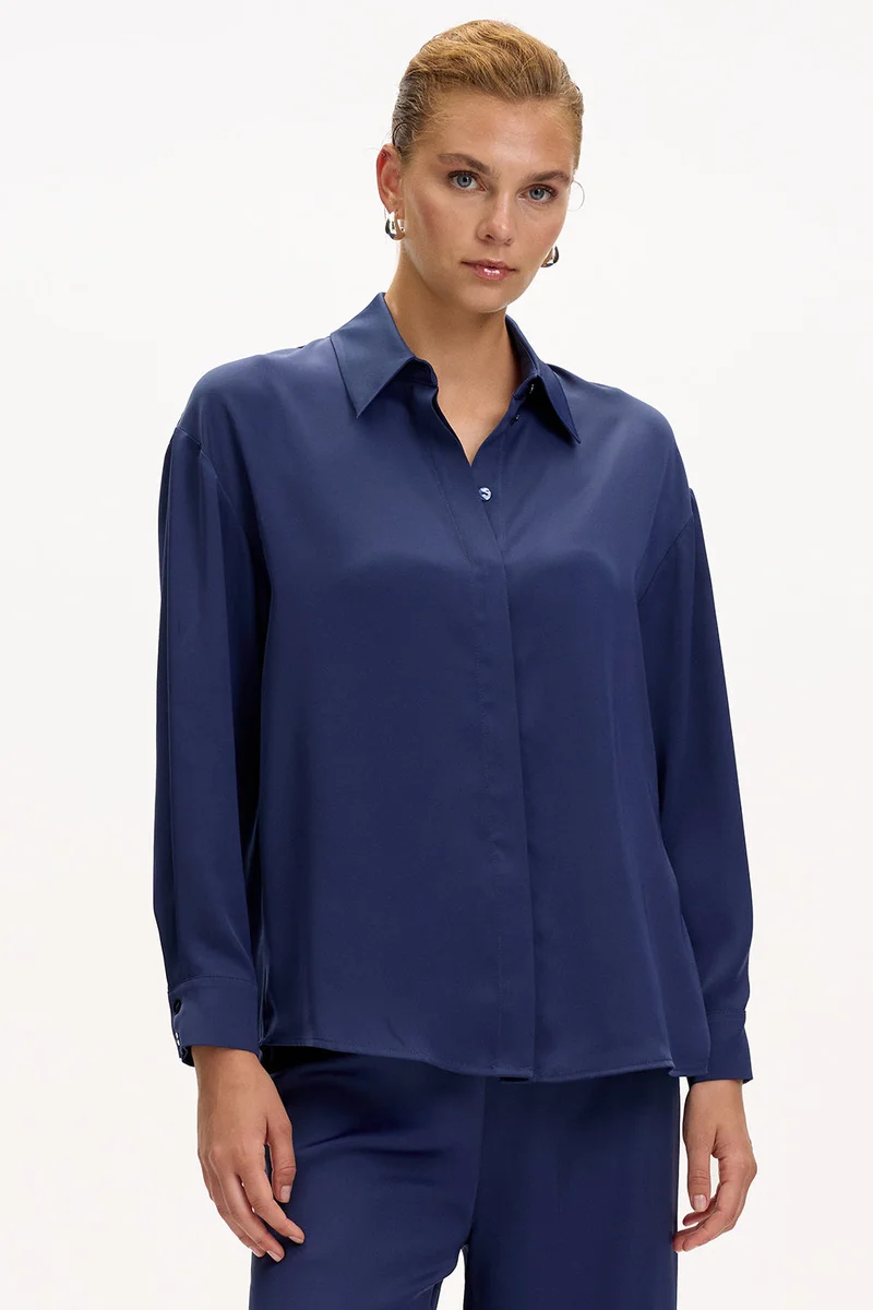 Exquise Long-sleeved classic collar button-down regular navy shirt