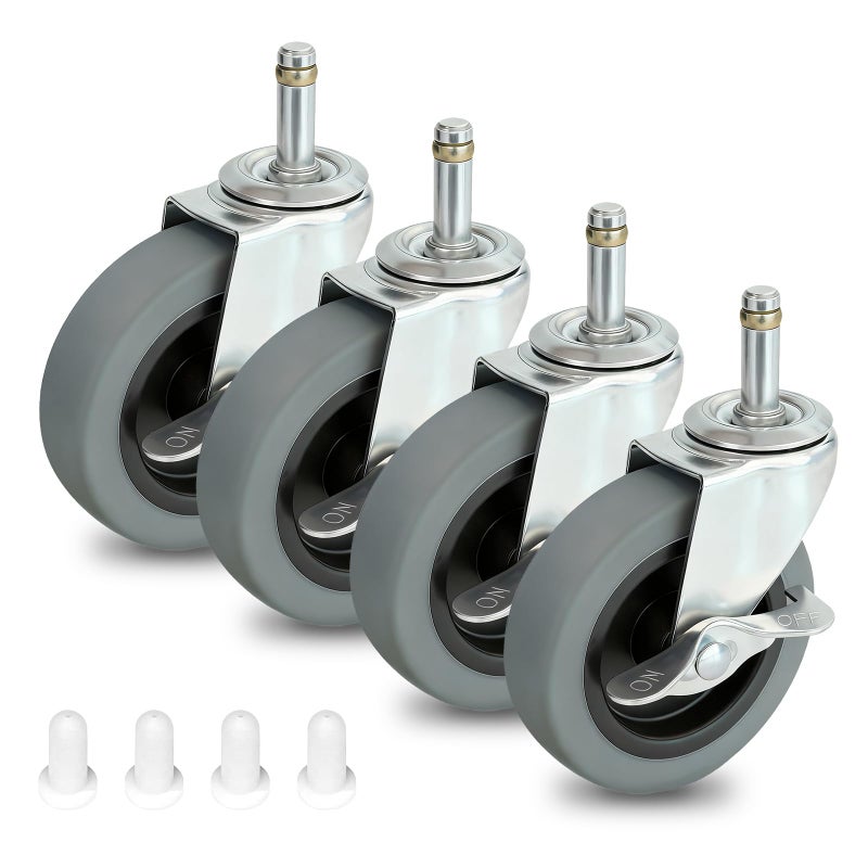4 Inches Stem Caster Wheels,7/16-Inch Stem Diameter Rubber Casters Set of 4 with Side Brake,Heavy Duty TPR Replacement Wheels for Utility Cart Rubbermaid Mop Bucket Shop Vac Weber Grills - 4 Pack