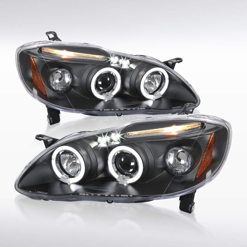 Autozensation Compatible with 20032008 Toyota Corolla Left Right Pair Headlamps Assembly Halo LED Smoke Lens Glossy Black Housing Projector Headlights