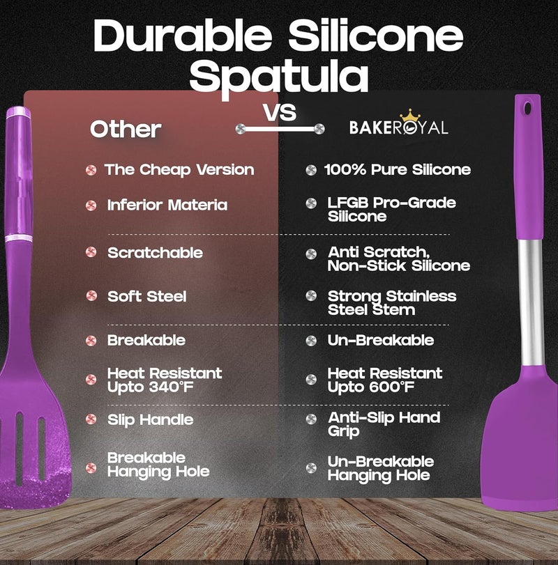 BAKEROYAL Silicone Spatula Set - Turner Spatulas Silicone Heat Resistant 600°F - Slotted & Solid Silicone Spatulas for Cooking Fish, Eggs, Pancakes Flipper – Silicone Cooking Utensils Set – Purple - Image 5