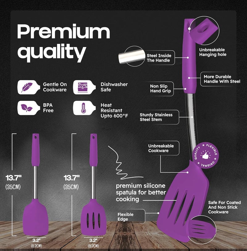 BAKEROYAL Silicone Spatula Set - Turner Spatulas Silicone Heat Resistant 600°F - Slotted & Solid Silicone Spatulas for Cooking Fish, Eggs, Pancakes Flipper – Silicone Cooking Utensils Set – Purple - Image 2