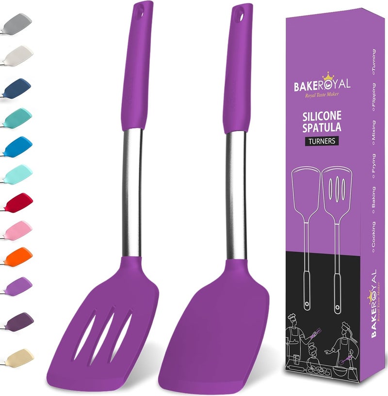 BAKEROYAL Silicone Spatula Set - Turner Spatulas Silicone Heat Resistant 600°F - Slotted & Solid Silicone Spatulas for Cooking Fish, Eggs, Pancakes Flipper – Silicone Cooking Utensils Set – Purple - Image 1