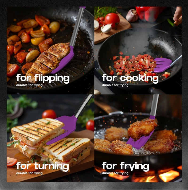 BAKEROYAL Silicone Spatula Set - Turner Spatulas Silicone Heat Resistant 600°F - Slotted & Solid Silicone Spatulas for Cooking Fish, Eggs, Pancakes Flipper – Silicone Cooking Utensils Set – Purple - Image 3