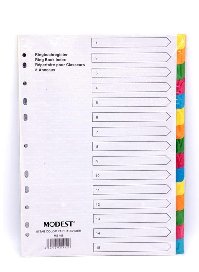 MODEST فواصل ورق A4 1-15، ملونة مع رقم - مجموعة من 10