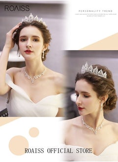 roaiss 3 Pcs Rhinestone Necklace Earrings Set Drop-shaped Pendant Chain Ear Dangle Bridal Evening Dress Accessories for Women Silver/Clear  - Image 3