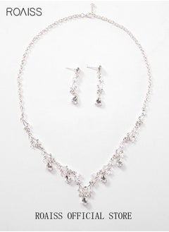 roaiss 3 Pcs Rhinestone Necklace Earrings Set Drop-shaped Pendant Chain Ear Dangle Bridal Evening Dress Accessories for Women Silver/Clear  - Image 4