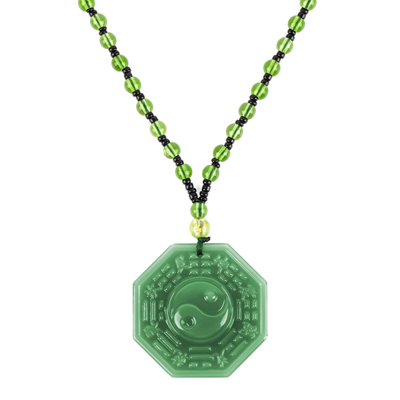 Chiorgone Bagua Yin Yang Pendant Necklace, Green Jadeâ€‘Look Glass Feng Shui Protection Amulet with Beaded Cord, Singleâ€‘Sided Carving, Unisex, 1 Pack - Image 1