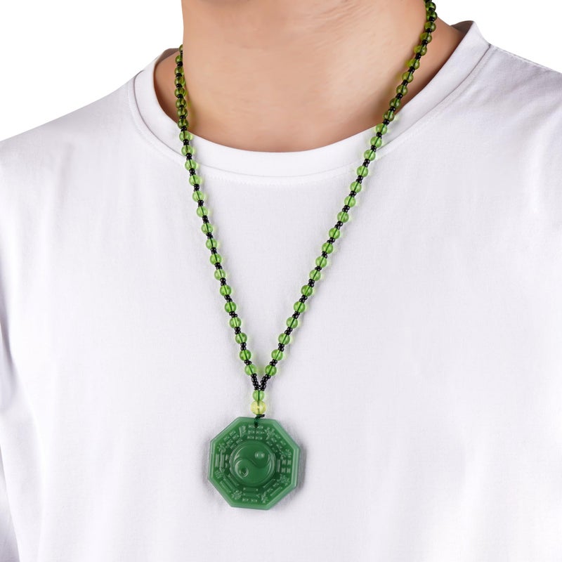 Chiorgone Bagua Yin Yang Pendant Necklace, Green Jadeâ€‘Look Glass Feng Shui Protection Amulet with Beaded Cord, Singleâ€‘Sided Carving, Unisex, 1 Pack - Image 3